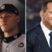 Aaron Judge, Yankees outfielder, photographed at the team’s media day in October 2024, preparing for the World Series (left); Alex Rodriguez appearing on an MLB broadcast on Fox in 2024 (right).