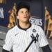 Yankees' slugger Juan Soto reacts in the dugout as the team lost the World Series to the Dodgers in New York on Oct. 30, 2024.