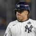 New York Yankees’ Juan Soto reacts after flying out against the Los Angeles Dodgers during the eighth inning in Game 3 of the baseball World Series, Monday, Oct. 28, 2024, in New York.