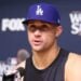 Jack Flaherty at the press conference before the 2024 MLB World Series at Dodger Stadium in October. In November 2024, rumors circulate that the Yankees may be interested in adding him for the next season.