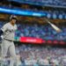 Yankees' Juan Soto tosses his bat after drawing a walk against the Dodgers in Game 1 of the 2024 World Series at Dodger Stadium on October 25, 2024.